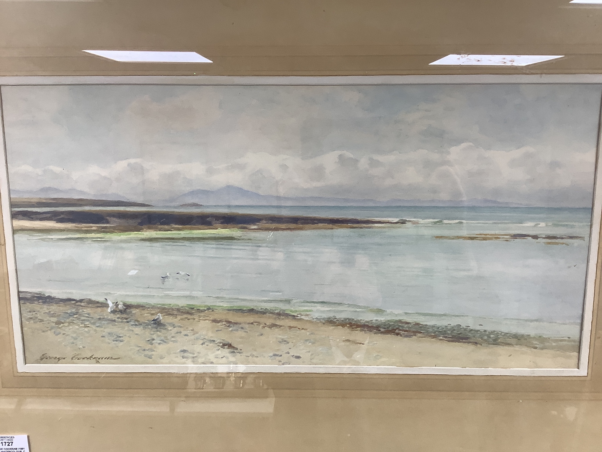 George Cockram (1861-1950), watercolour, Coastal landscape with gulls, signed, 27 x 55cm